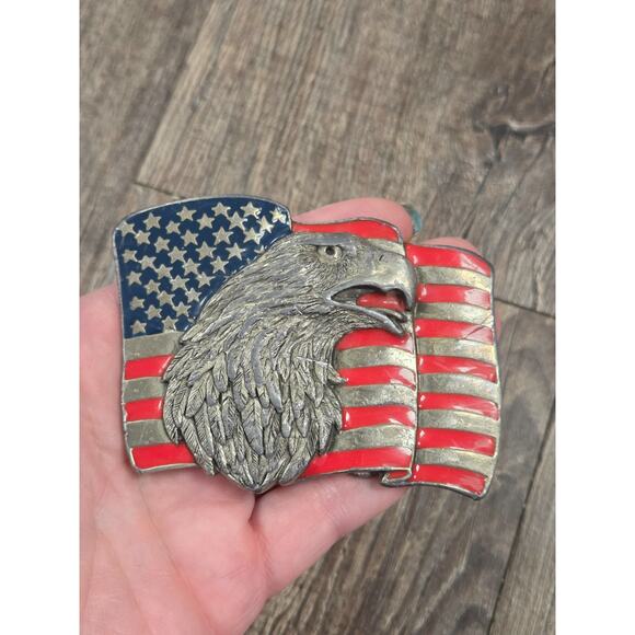 Siskiyou Other - 1990 Signed Siskiyou Buckle Co Bald Eagle & American Flag Enamel Belt Buckle W89